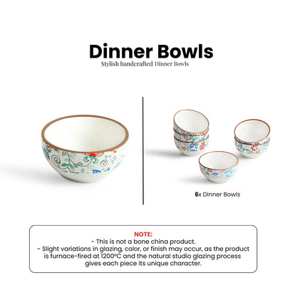 ExclusiveLane 'Spring Garden' Ceramic Dinner Bowls/Katoris (Set Of 6, 190 ML, Microwave Safe, Handcrafted)