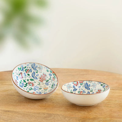 ExclusiveLane 'Spring Garden' Ceramic Serving/Snack Bowls (Set of 2, 420 ML, Microwave Safe, Handcrafted)