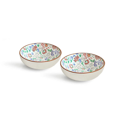 ExclusiveLane 'Spring Garden' Ceramic Serving/Snack Bowls (Set of 2, 420 ML, Microwave Safe, Handcrafted)