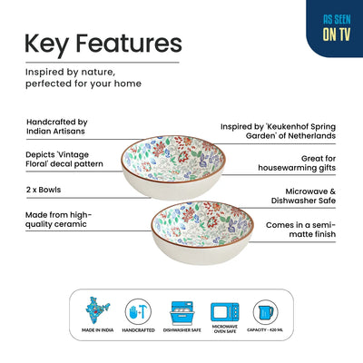 ExclusiveLane 'Spring Garden' Ceramic Serving/Snack Bowls (Set of 2, 420 ML, Microwave Safe, Handcrafted)