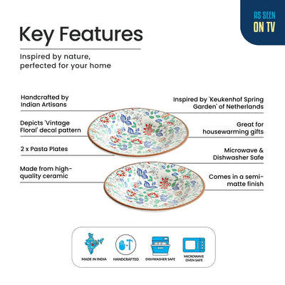 ExclusiveLane 'Spring Garden' Ceramic Pasta Bowls/Plates (Set of 2, Microwave Safe, Handcrafted)