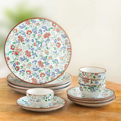 ExclusiveLane 'Spring Garden' Ceramic Dinner Set (12 Pieces- 4 Dinner Plates, 4 Side/Quarter Plates & 4 Katoris, Serving for 4, Microwave Safe, Handcrafted)