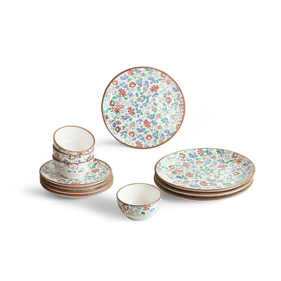 ExclusiveLane 'Spring Garden' Ceramic Dinner Set (12 Pieces- 4 Dinner Plates, 4 Side/Quarter Plates & 4 Katoris, Serving for 4, Microwave Safe, Handcrafted)