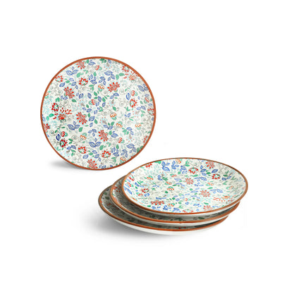 ExclusiveLane 'Spring Garden' Ceramic Dinner Set (12 Pieces- 4 Dinner Plates, 4 Side/Quarter Plates & 4 Katoris, Serving for 4, Microwave Safe, Handcrafted)