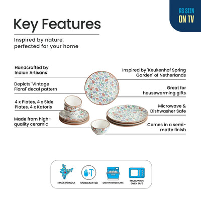 ExclusiveLane 'Spring Garden' Ceramic Dinner Set (12 Pieces- 4 Dinner Plates, 4 Side/Quarter Plates & 4 Katoris, Serving for 4, Microwave Safe, Handcrafted)