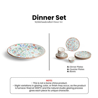 ExclusiveLane 'Spring Garden' Ceramic Dinner Set (12 Pieces- 4 Dinner Plates, 4 Side/Quarter Plates & 4 Katoris, Serving for 4, Microwave Safe, Handcrafted)