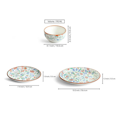 ExclusiveLane 'Spring Garden' Ceramic Dinner Set (12 Pieces- 4 Dinner Plates, 4 Side/Quarter Plates & 4 Katoris, Serving for 4, Microwave Safe, Handcrafted)