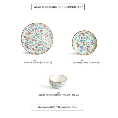ExclusiveLane 'Spring Garden' Ceramic Dinner Set (12 Pieces- 4 Dinner Plates, 4 Side/Quarter Plates & 4 Katoris, Serving for 4, Microwave Safe, Handcrafted)