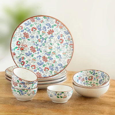 ExclusiveLane 'Spring Garden' Ceramic Dinner Set (10 Pieces- 4 Dinner Plates, 2 Serving Bowls & 4 Katoris, Serving for 4, Microwave Safe, Handcrafted)