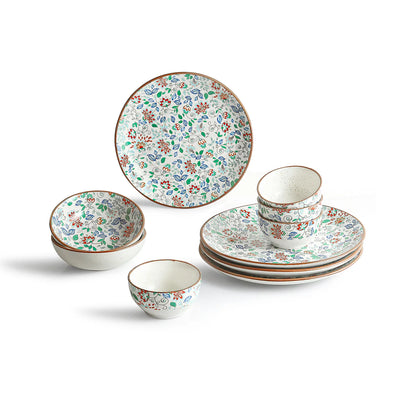 ExclusiveLane 'Spring Garden' Ceramic Dinner Set (10 Pieces- 4 Dinner Plates, 2 Serving Bowls & 4 Katoris, Serving for 4, Microwave Safe, Handcrafted)