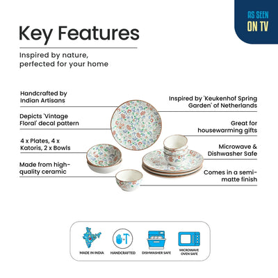 ExclusiveLane 'Spring Garden' Ceramic Dinner Set (10 Pieces- 4 Dinner Plates, 2 Serving Bowls & 4 Katoris, Serving for 4, Microwave Safe, Handcrafted)