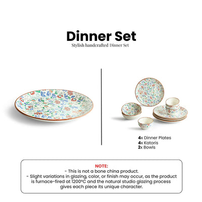 ExclusiveLane 'Spring Garden' Ceramic Dinner Set (10 Pieces- 4 Dinner Plates, 2 Serving Bowls & 4 Katoris, Serving for 4, Microwave Safe, Handcrafted)