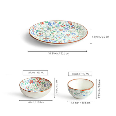 ExclusiveLane 'Spring Garden' Ceramic Dinner Set (10 Pieces- 4 Dinner Plates, 2 Serving Bowls & 4 Katoris, Serving for 4, Microwave Safe, Handcrafted)