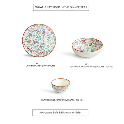 ExclusiveLane 'Spring Garden' Ceramic Dinner Set (10 Pieces- 4 Dinner Plates, 2 Serving Bowls & 4 Katoris, Serving for 4, Microwave Safe, Handcrafted)