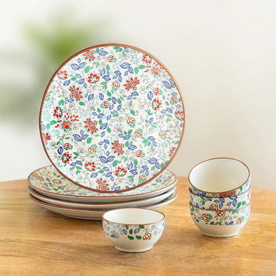 ExclusiveLane 'Spring Garden' Ceramic Dinner Set (8 Pieces- 4 Dinner Plates & 4 Katoris, Serving for 4, Microwave Safe, Handcrafted)