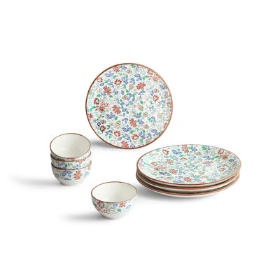 ExclusiveLane 'Spring Garden' Ceramic Dinner Set (8 Pieces- 4 Dinner Plates & 4 Katoris, Serving for 4, Microwave Safe, Handcrafted)