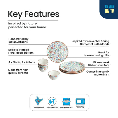 ExclusiveLane 'Spring Garden' Ceramic Dinner Set (8 Pieces- 4 Dinner Plates & 4 Katoris, Serving for 4, Microwave Safe, Handcrafted)