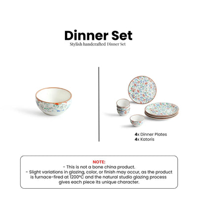 ExclusiveLane 'Spring Garden' Ceramic Dinner Set (8 Pieces- 4 Dinner Plates & 4 Katoris, Serving for 4, Microwave Safe, Handcrafted)