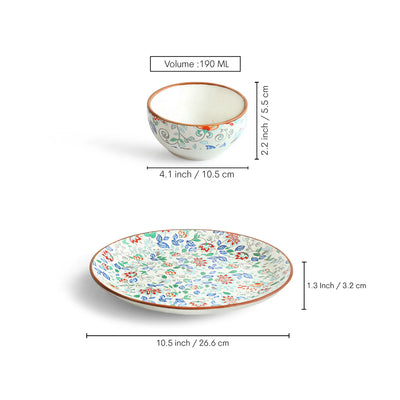 ExclusiveLane 'Spring Garden' Ceramic Dinner Set (8 Pieces- 4 Dinner Plates & 4 Katoris, Serving for 4, Microwave Safe, Handcrafted)