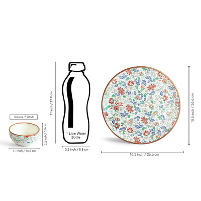 ExclusiveLane 'Spring Garden' Ceramic Dinner Set (8 Pieces- 4 Dinner Plates & 4 Katoris, Serving for 4, Microwave Safe, Handcrafted)