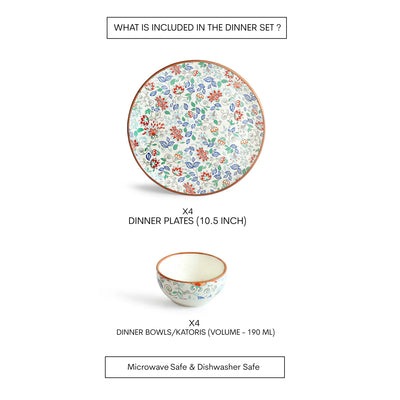 ExclusiveLane 'Spring Garden' Ceramic Dinner Set (8 Pieces- 4 Dinner Plates & 4 Katoris, Serving for 4, Microwave Safe, Handcrafted)