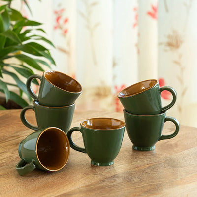 ExclusiveLane 'Forest Canopy' Ceramic Tea Cups (Set of 6, 150 ML, Microwave Safe, Hand Glazed)