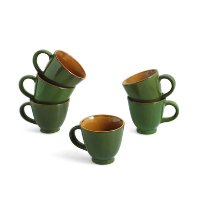 ExclusiveLane 'Forest Canopy' Ceramic Tea Cups (Set of 6, 150 ML, Microwave Safe, Hand Glazed)