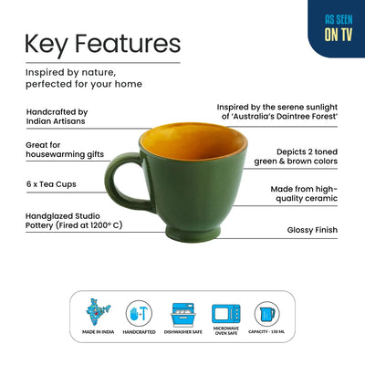ExclusiveLane 'Forest Canopy' Ceramic Tea Cups (Set of 6, 150 ML, Microwave Safe, Hand Glazed)