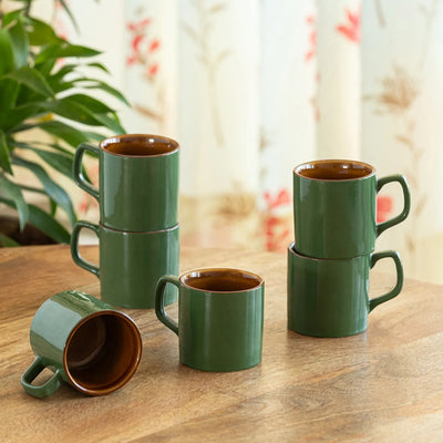 ExclusiveLane 'Forest Canopy' Ceramic Tea Cups (Set of 6, 140 ML, Microwave Safe, Hand Glazed)