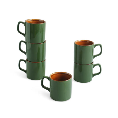 ExclusiveLane 'Forest Canopy' Ceramic Tea Cups (Set of 6, 140 ML, Microwave Safe, Hand Glazed)