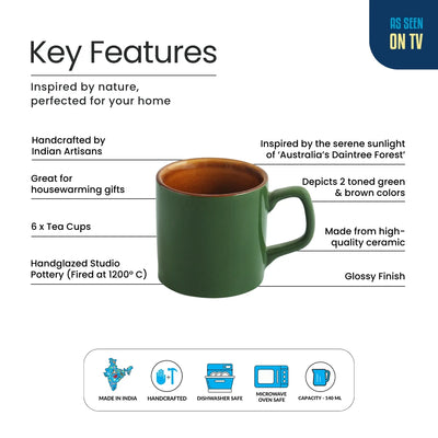 ExclusiveLane 'Forest Canopy' Ceramic Tea Cups (Set of 6, 140 ML, Microwave Safe, Hand Glazed)