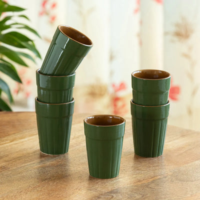 ExclusiveLane 'Forest Canopy' Ceramic Tea/Chai Glasses (Set of 6, 120 ML, Microwave Safe, Hand Glazed)