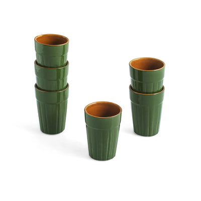 ExclusiveLane 'Forest Canopy' Ceramic Tea/Chai Glasses (Set of 6, 120 ML, Microwave Safe, Hand Glazed)