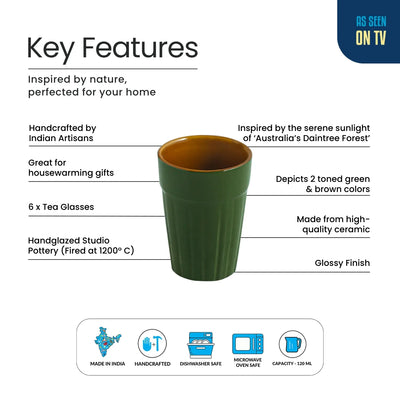 ExclusiveLane 'Forest Canopy' Ceramic Tea/Chai Glasses (Set of 6, 120 ML, Microwave Safe, Hand Glazed)