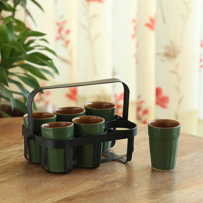 ExclusiveLane 'Forest Canopy' Ceramic Tea Glasses With Iron Holder (Set of 6, 120 ML, Hand Glazed)