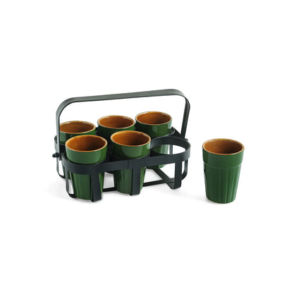 ExclusiveLane 'Forest Canopy' Ceramic Tea Glasses With Iron Holder (Set of 6, 120 ML, Hand Glazed)