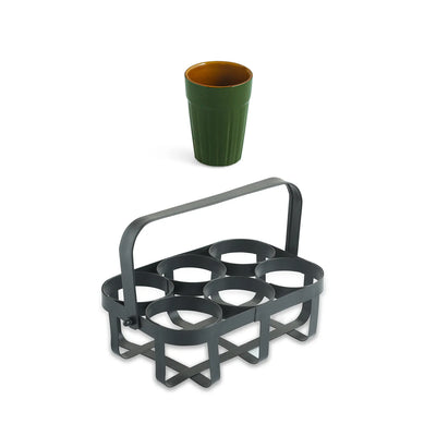 ExclusiveLane 'Forest Canopy' Ceramic Tea Glasses With Iron Holder (Set of 6, 120 ML, Hand Glazed)