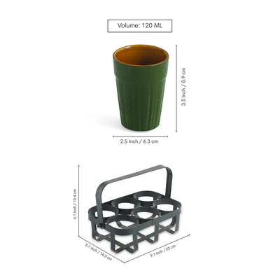 ExclusiveLane 'Forest Canopy' Ceramic Tea Glasses With Iron Holder (Set of 6, 120 ML, Hand Glazed)