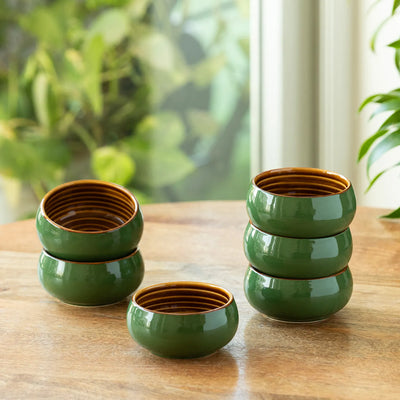 ExclusiveLane 'Forest Canopy' Ceramic Dinner Bowls/Katoris (Set of 6, 140 ML, Microwave Safe, Hand Glazed)