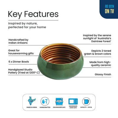 ExclusiveLane 'Forest Canopy' Ceramic Dinner Bowls/Katoris (Set of 6, 140 ML, Microwave Safe, Hand Glazed)