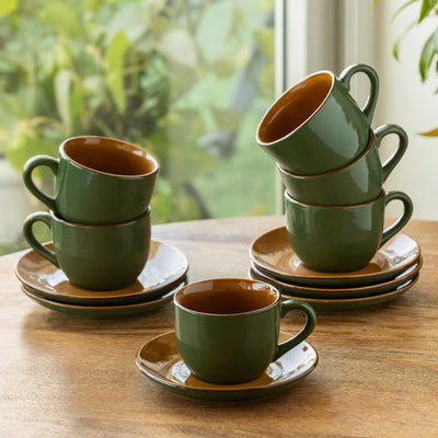 ExclusiveLane 'Forest Canopy' Ceramic Tea Cups & Saucers (Set of 6, 190 ML, Microwave Safe, Hand Glazed)