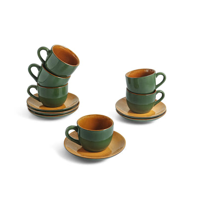 ExclusiveLane 'Forest Canopy' Ceramic Tea Cups & Saucers (Set of 6, 190 ML, Microwave Safe, Hand Glazed)