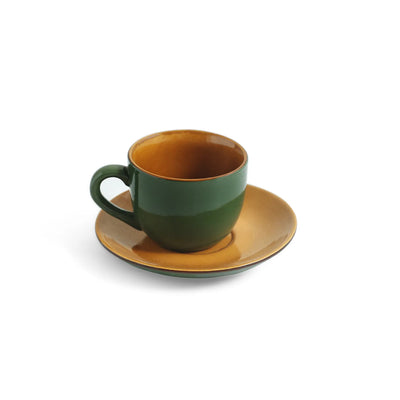 ExclusiveLane 'Forest Canopy' Ceramic Tea Cups & Saucers (Set of 6, 190 ML, Microwave Safe, Hand Glazed)