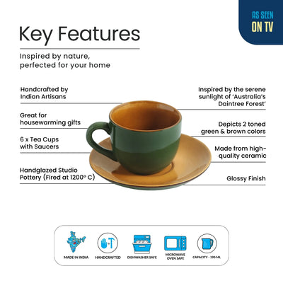 ExclusiveLane 'Forest Canopy' Ceramic Tea Cups & Saucers (Set of 6, 190 ML, Microwave Safe, Hand Glazed)