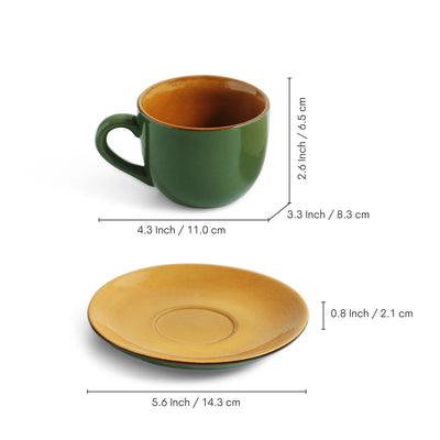 ExclusiveLane 'Forest Canopy' Ceramic Tea Cups & Saucers (Set of 6, 190 ML, Microwave Safe, Hand Glazed)