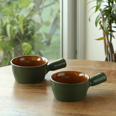 ExclusiveLane 'Forest Canopy' Ceramic Serving Bowls (Set of 2, 420 ML, Microwave Safe, Hand Glazed)