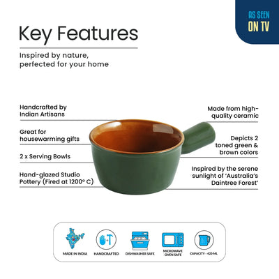 ExclusiveLane 'Forest Canopy' Ceramic Serving Bowls (Set of 2, 420 ML, Microwave Safe, Hand Glazed)