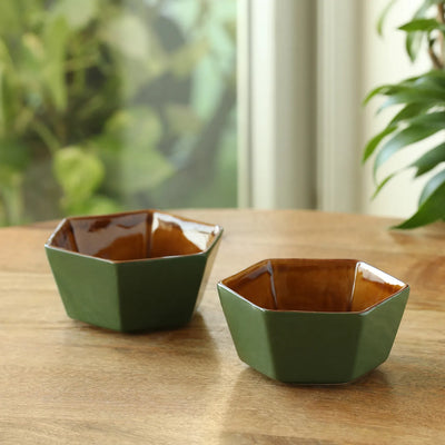 ExclusiveLane 'Forest Canopy' Ceramic Serving Bowls (Set of 2, 370 ML, Microwave Safe, Hand Glazed)