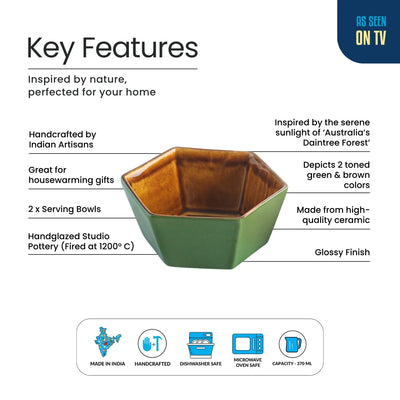 ExclusiveLane 'Forest Canopy' Ceramic Serving Bowls (Set of 2, 370 ML, Microwave Safe, Hand Glazed)