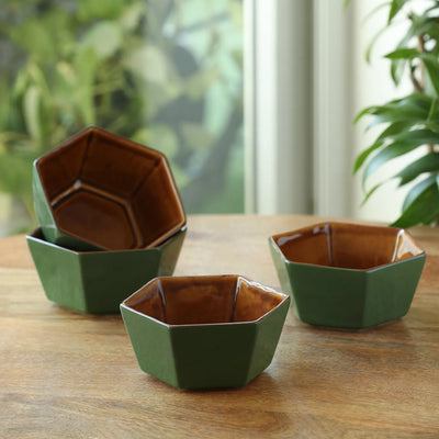 ExclusiveLane 'Forest Canopy' Ceramic Serving Bowls (Set of 4, 370 ML, Microwave Safe, Hand Glazed)
